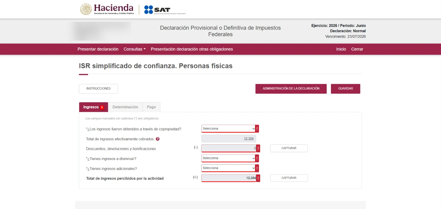 Income detail in the Ingresos tab