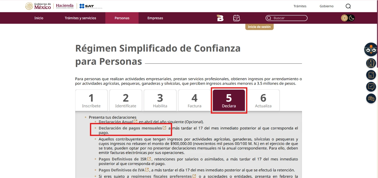 Open the Declara tab and select Declaración de pagos mensuales