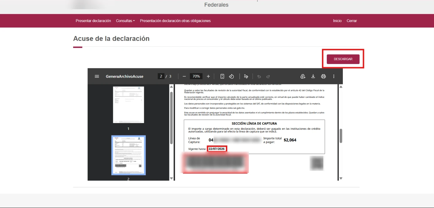 Filing receipt with the línea de captura
