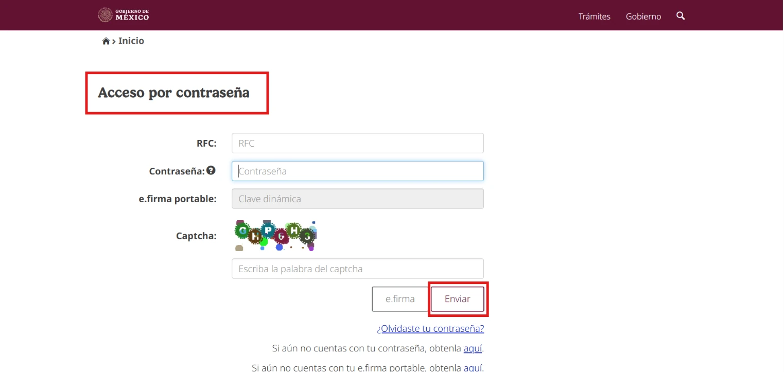 Log in with your RFC and your SAT password