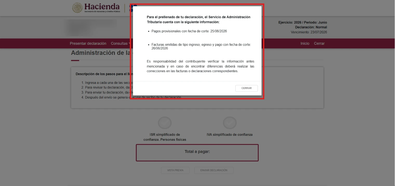 Pop-up with the source of the prefilled information