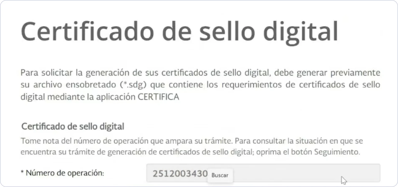 Solicitud exitosa de certificado con número de operación