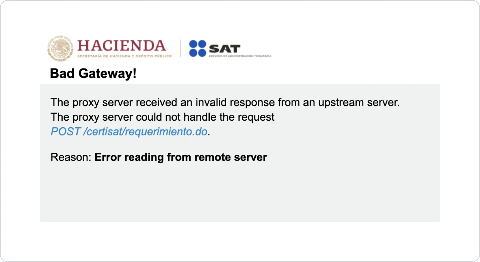 Ejemplo de error Bad Gateway