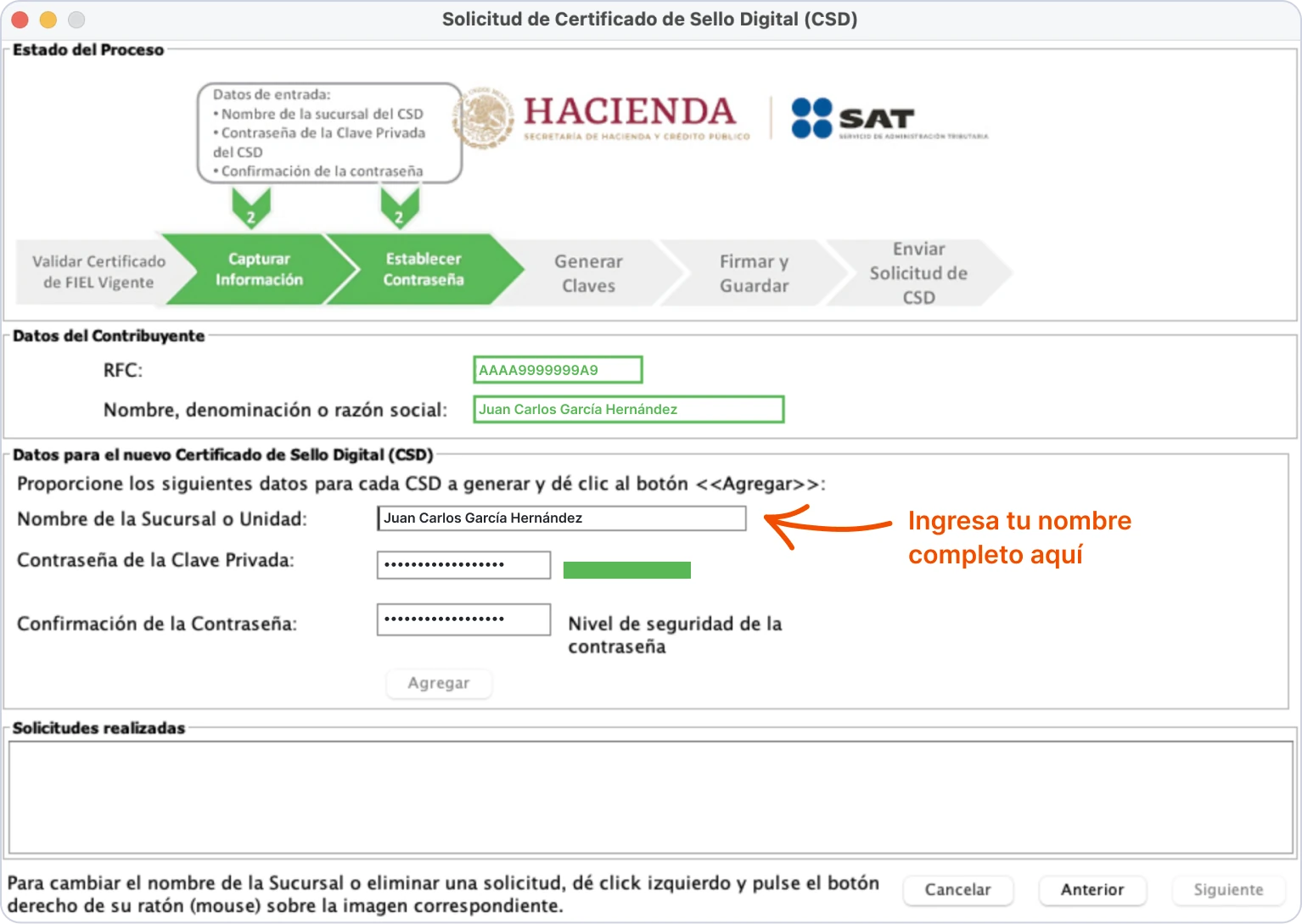 Instrucciones para ingresar los datos del CSD