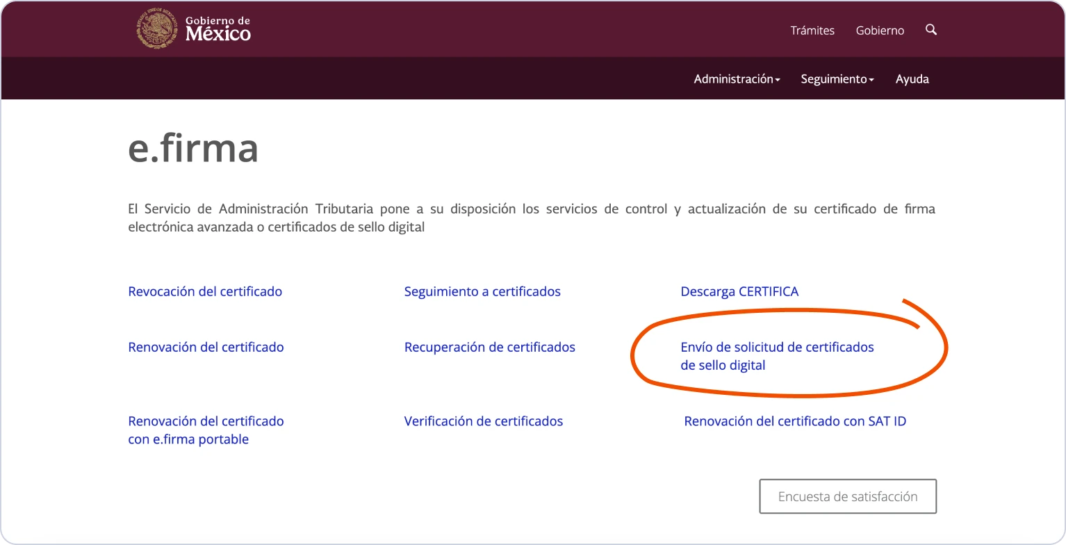Selecciona Envío de solicitud de certificados de sello digital